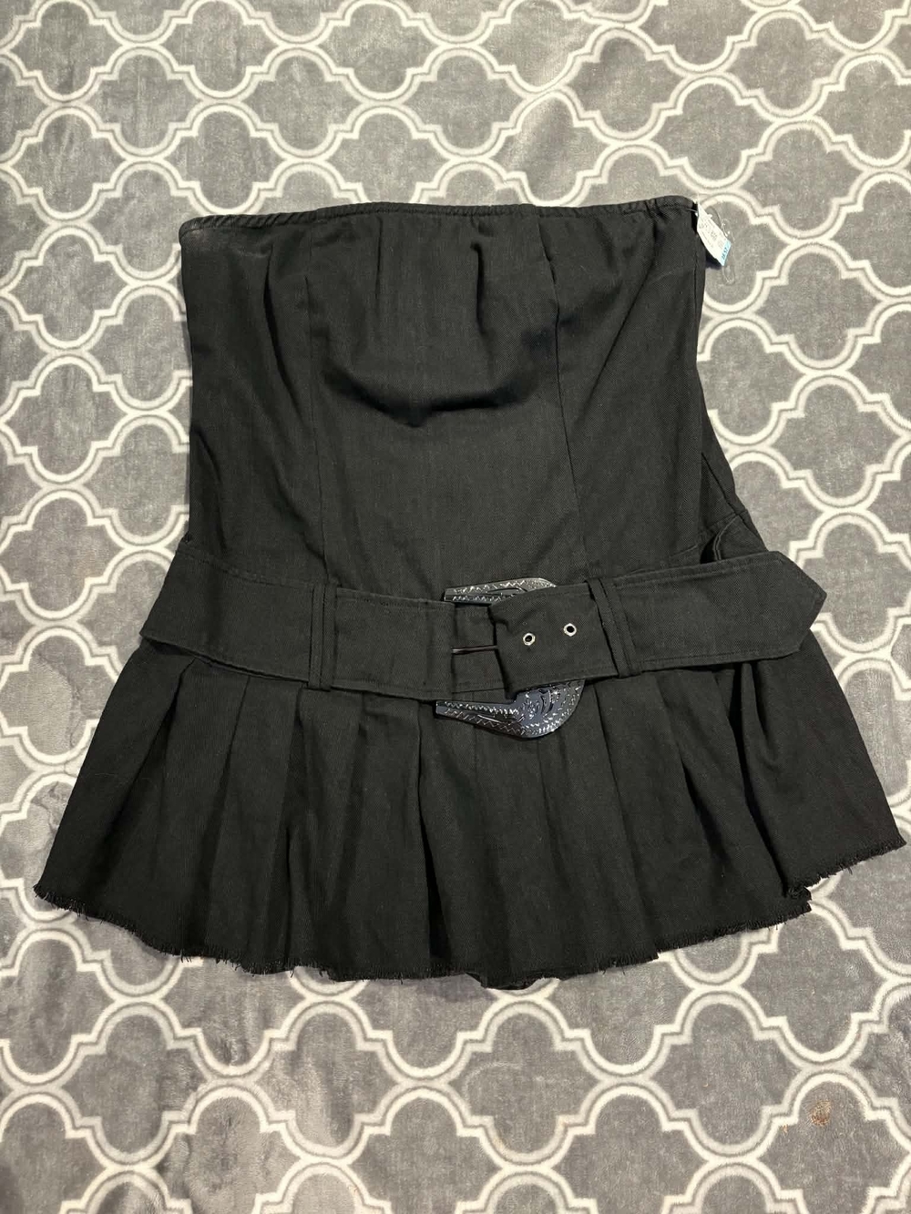 Fashion Nova Black Strapless Belted Pleated Skirt Romper